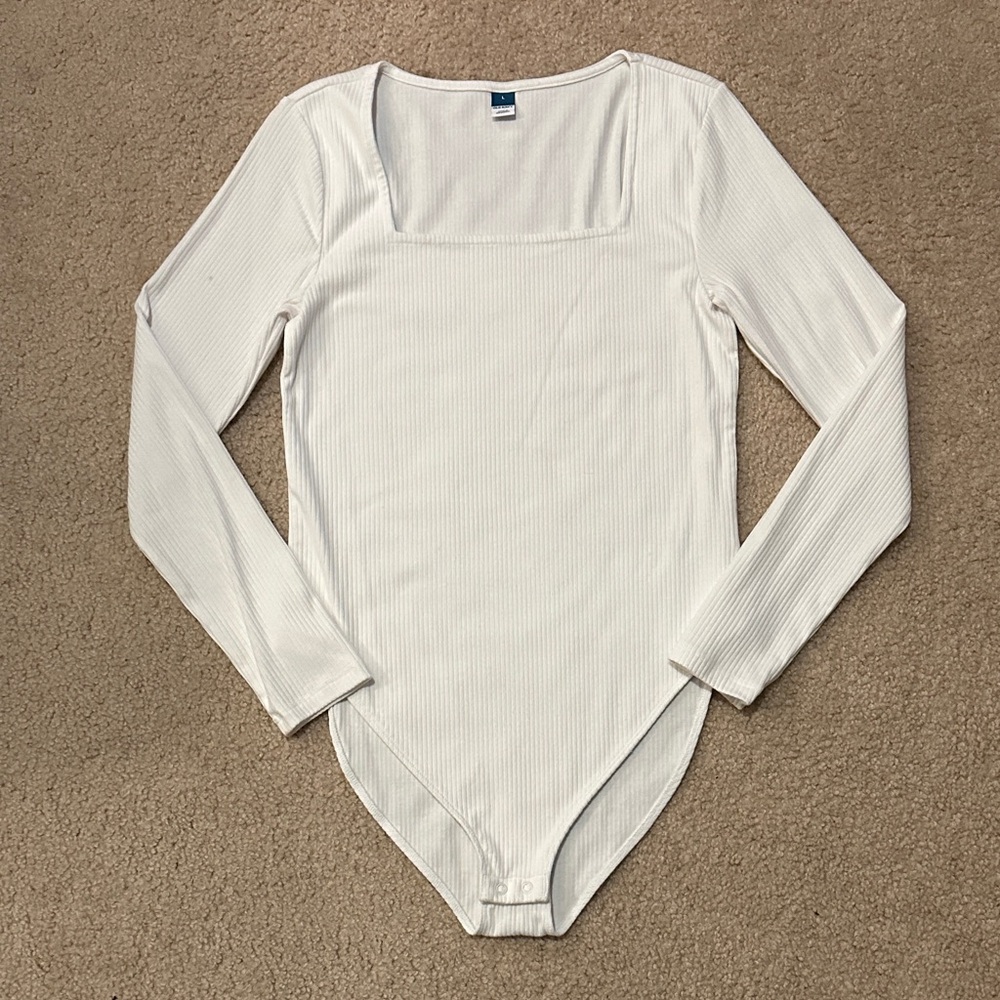 Old Navy White Ribbed Long Sleeve Square Neck Bodysuit